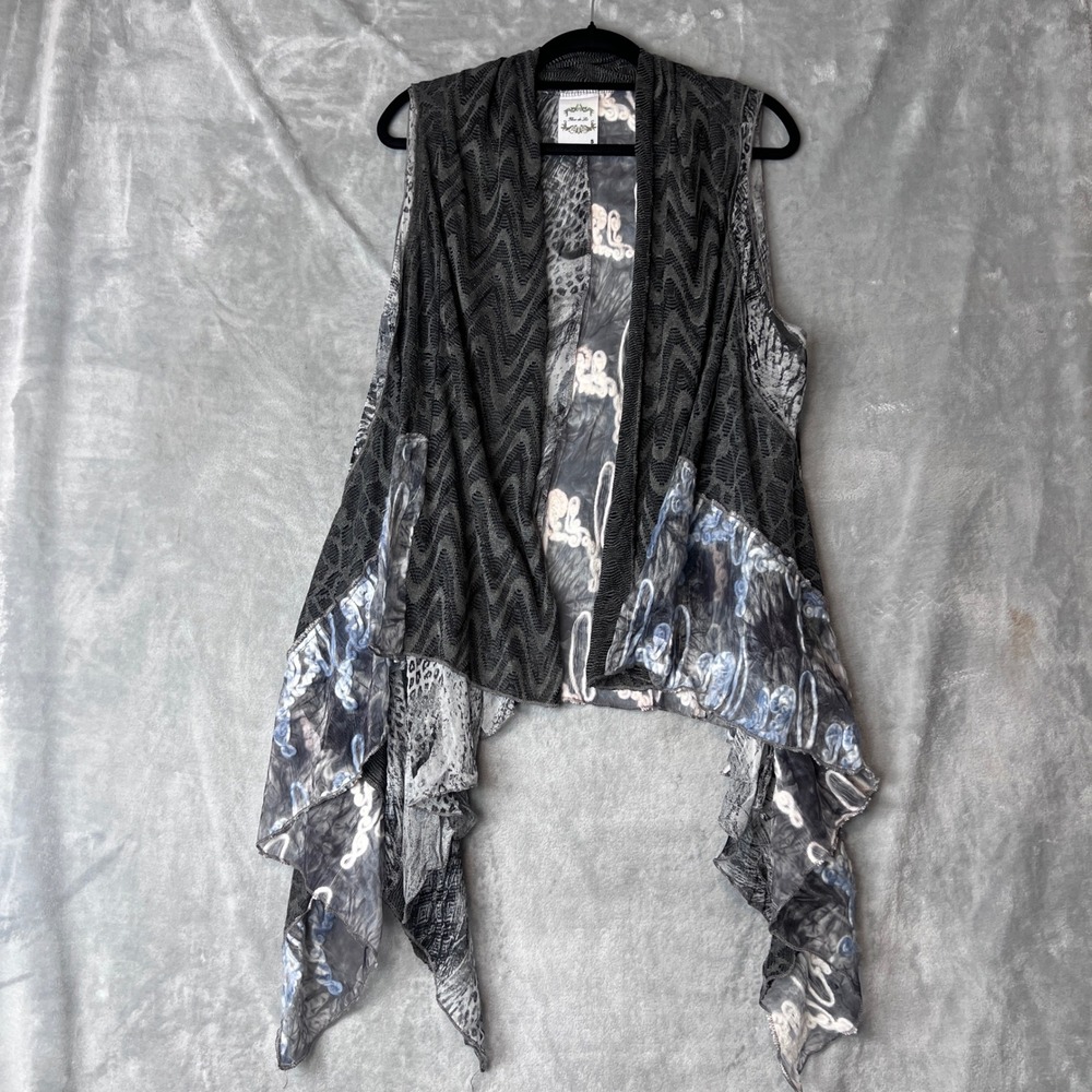 Fleur de Lis Womens Boho Mixed Print Handkerchief Hem Open Front Vest Small - Picture 8 of 10
